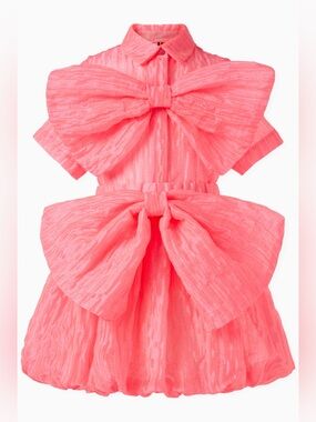 Caroline Bosmans Neon Pink Taffeta Bow Button Front + Bubble Skirt Designer Set